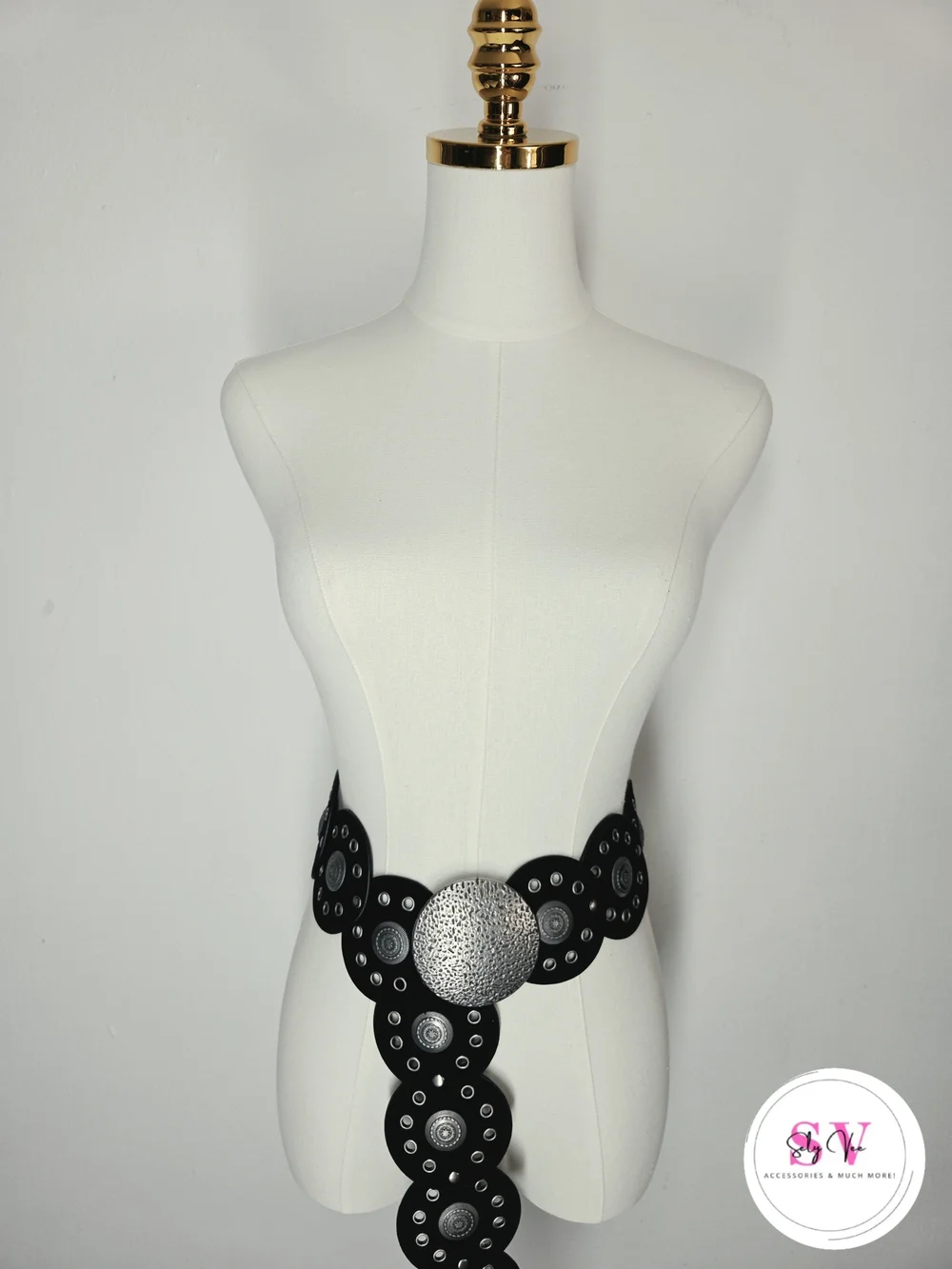 Black Decorative Circular Panel Belt with Silver Medallion
